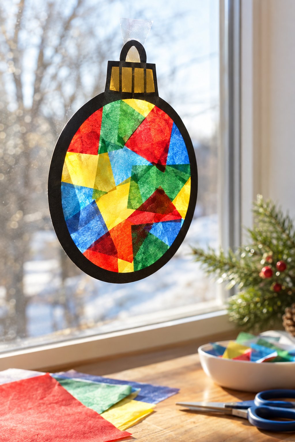 tissue paper stained glass ornament