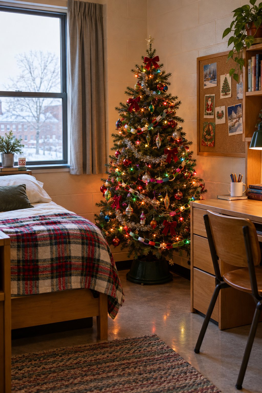 Retro Christmas Tree Beside a Dorm Bed