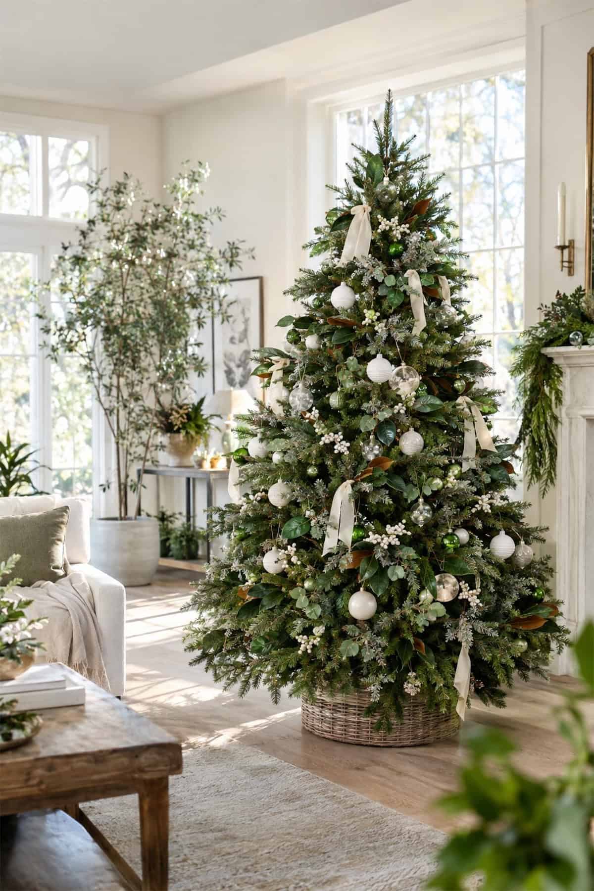 A White-and-Green Botanical Christmas Tree
